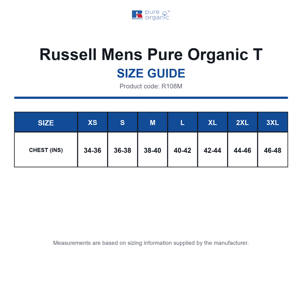 R108M Russell Mens Pure Organic T size guide (R108M)