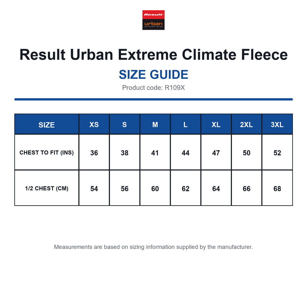 R109X Result Urban Extreme Climate Fleece size guide (R109X)