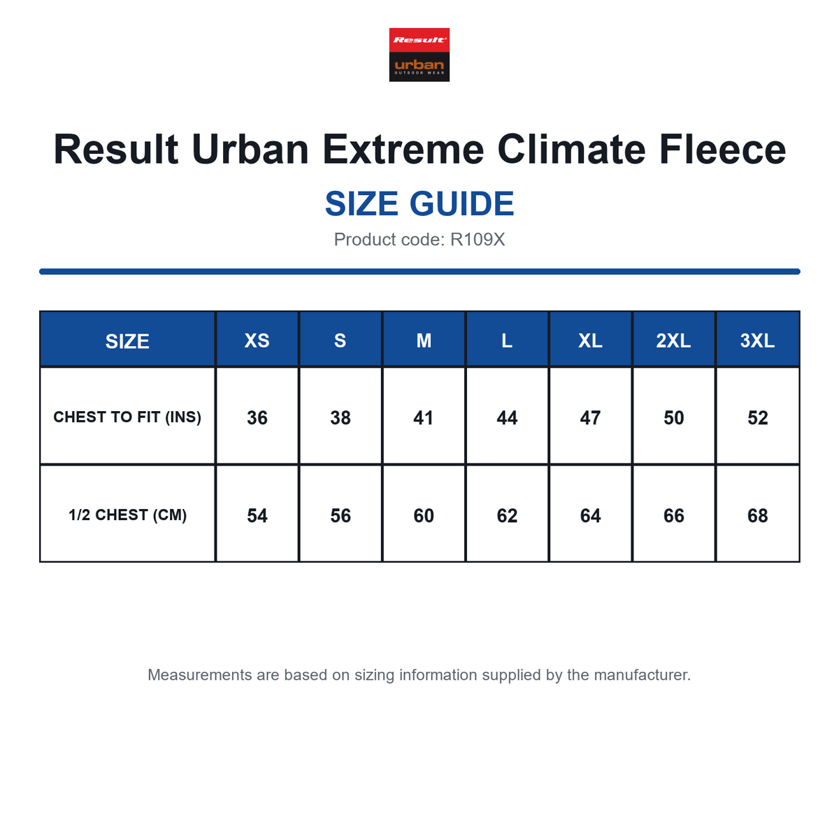 R109X Result Urban Extreme Climate Fleece size guide (R109X)