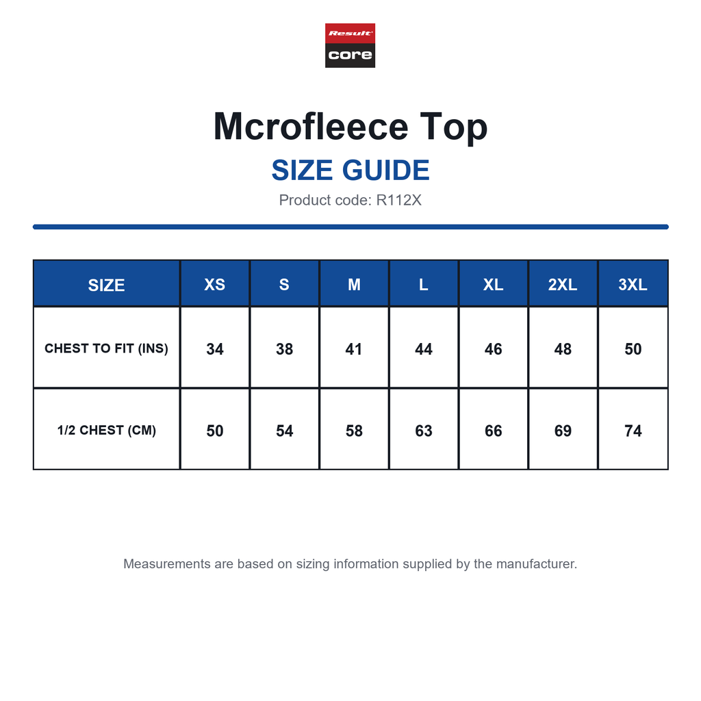 R112X Result Core Mcrofleece Top size guide (R112X)