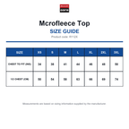 R112X Result Core Mcrofleece Top size guide (R112X)
