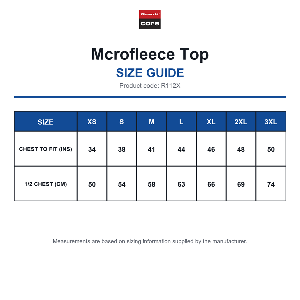 R112X Result Core Mcrofleece Top size guide (R112X)