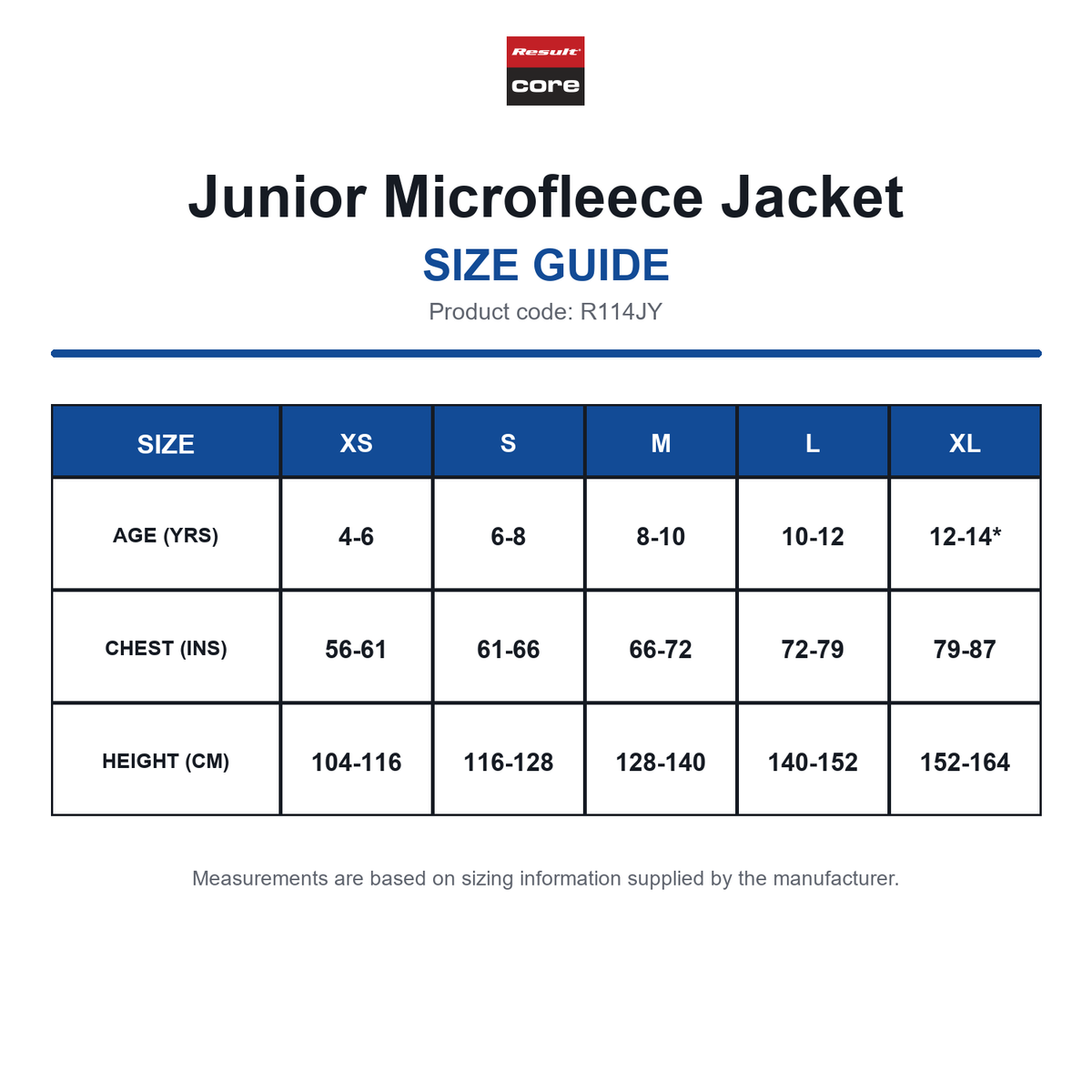 R114JY Result Core Junior Microfleece Jacket size guide (R114JY)