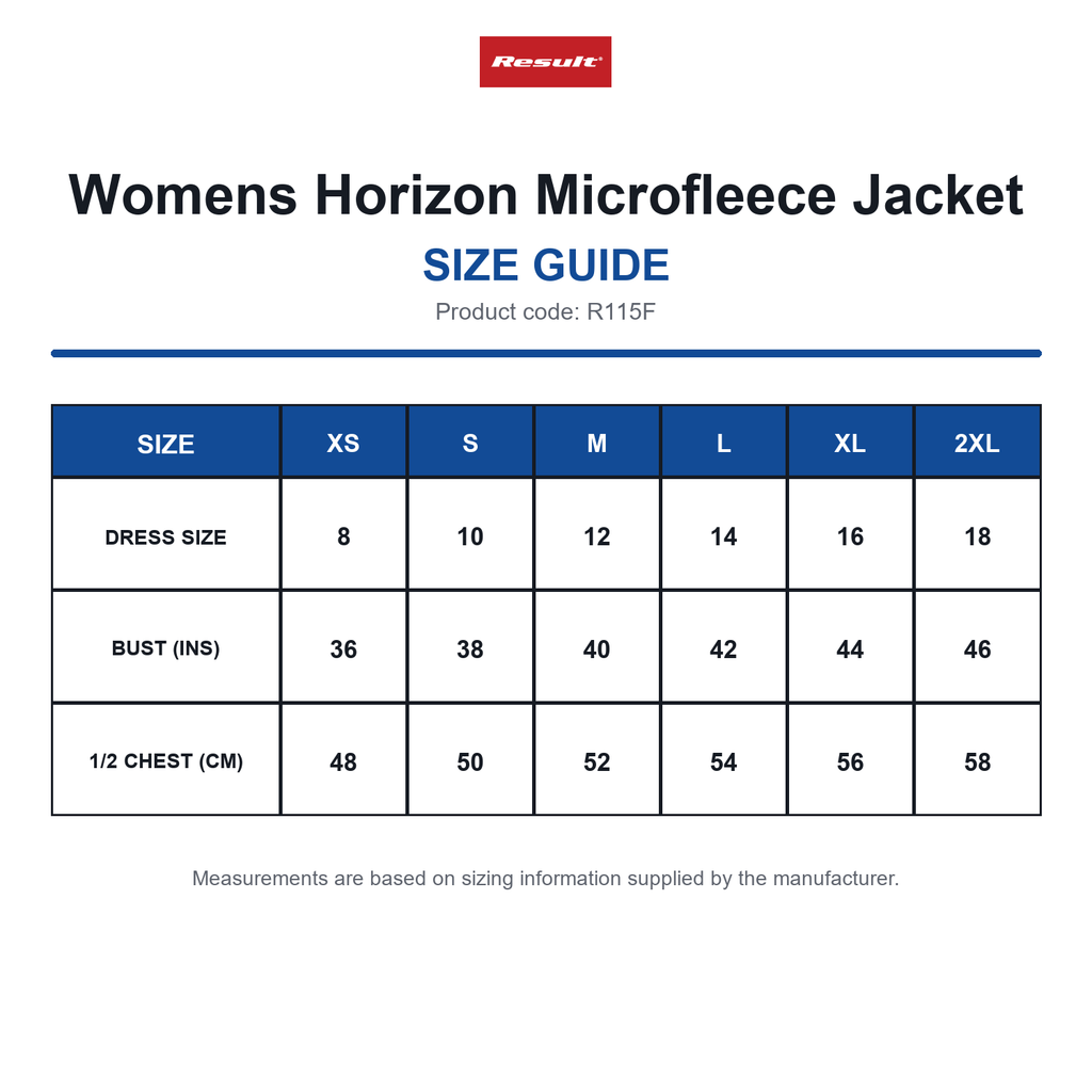 R115F Result Womens Horizon Microfleece Jacket size guide (R115F)