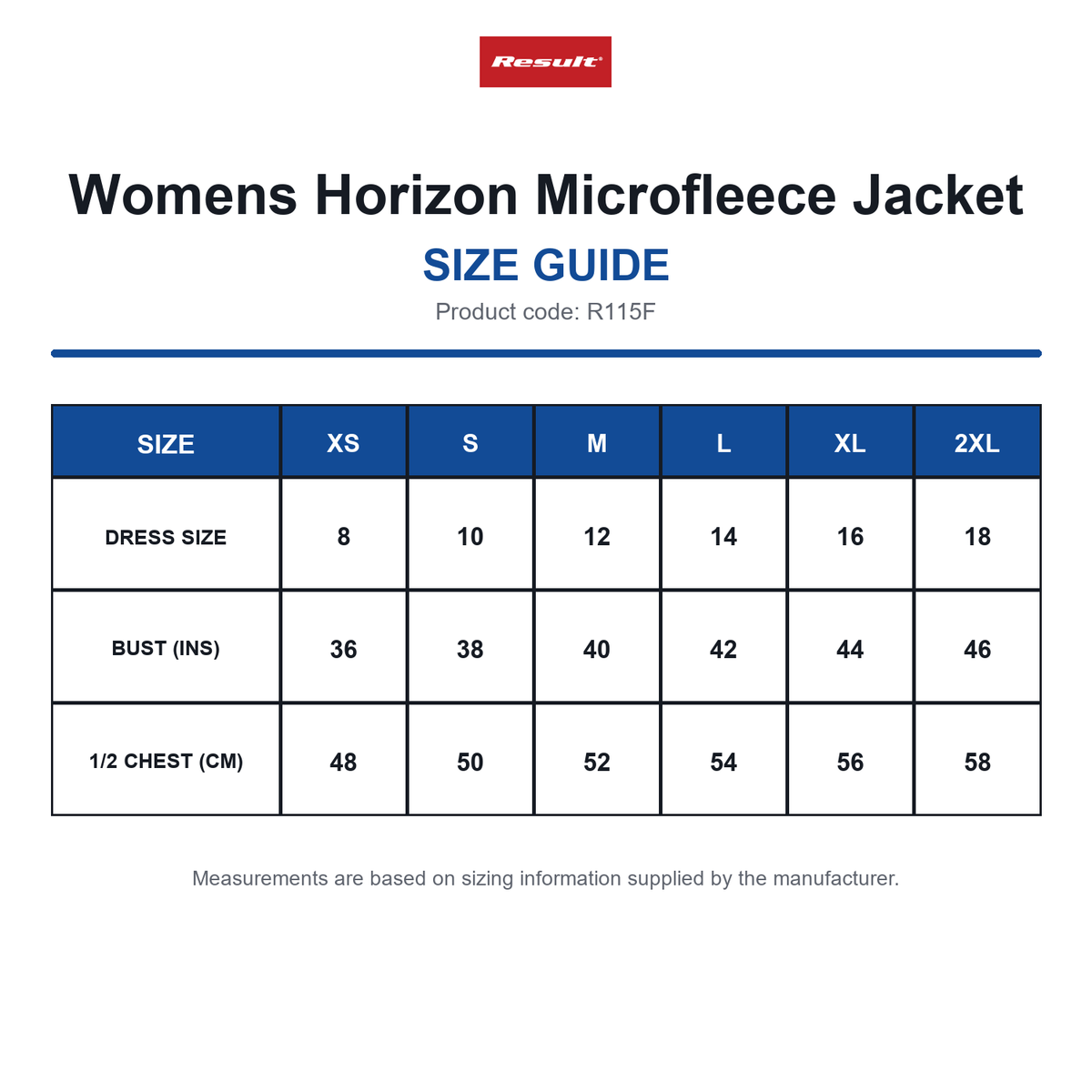 R115F Result Womens Horizon Microfleece Jacket size guide (R115F)