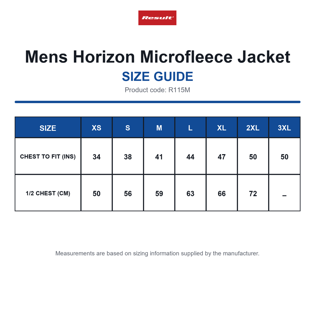 R115M Result Mens Horizon Microfleece Jacket size guide (R115M)