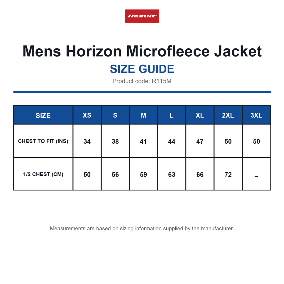 R115M Result Mens Horizon Microfleece Jacket size guide (R115M)