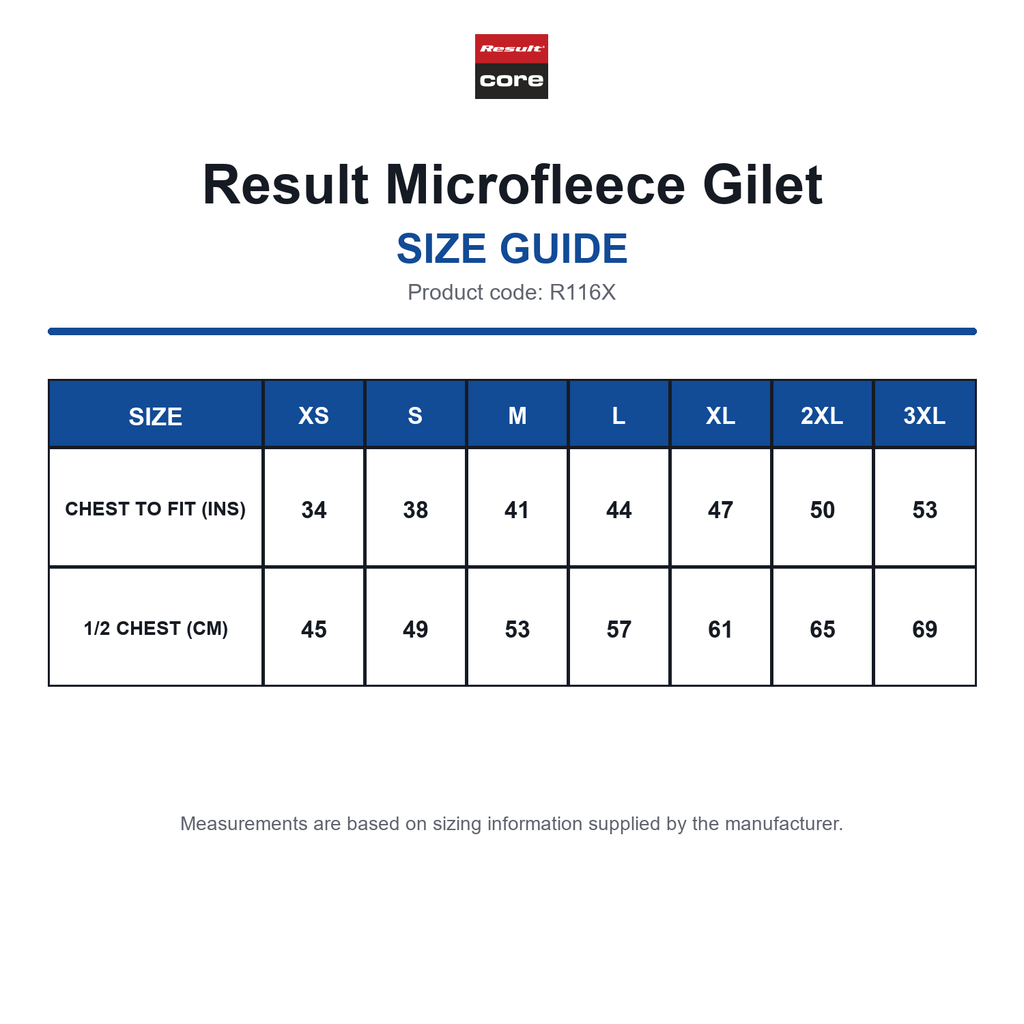R116X Result Microfleece Gilet size guide (R116X)