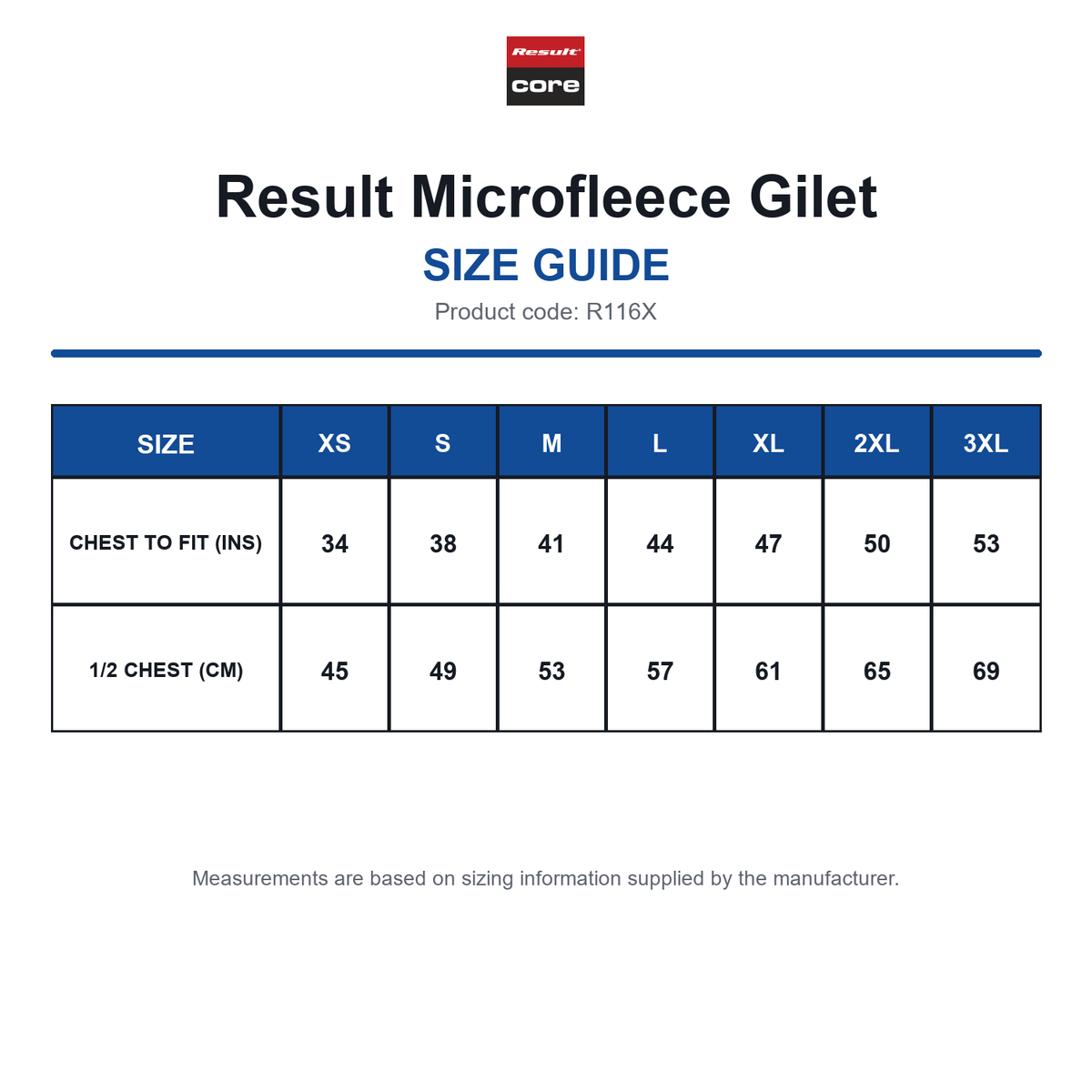 R116X Result Microfleece Gilet size guide (R116X)