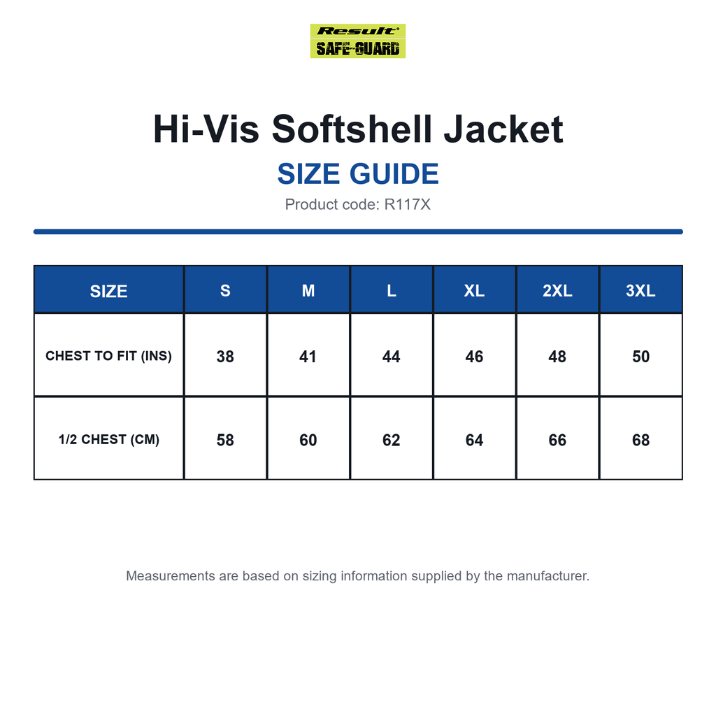R117X Result SafeGuard Hi-Vis Softshell Jacket size guide (R117X)