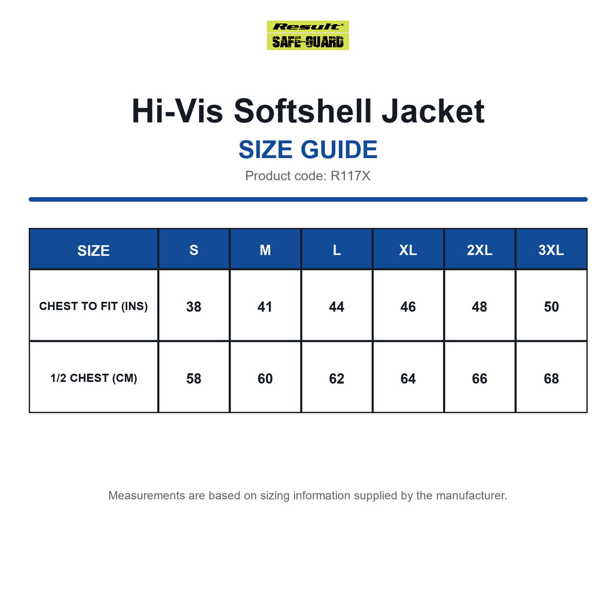 R117X Result SafeGuard Hi-Vis Softshell Jacket size guide (R117X)