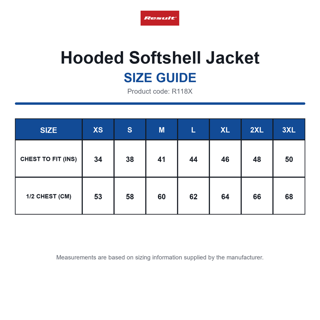 R118X Result Hooded Softshell Jacket size guide (R118X)