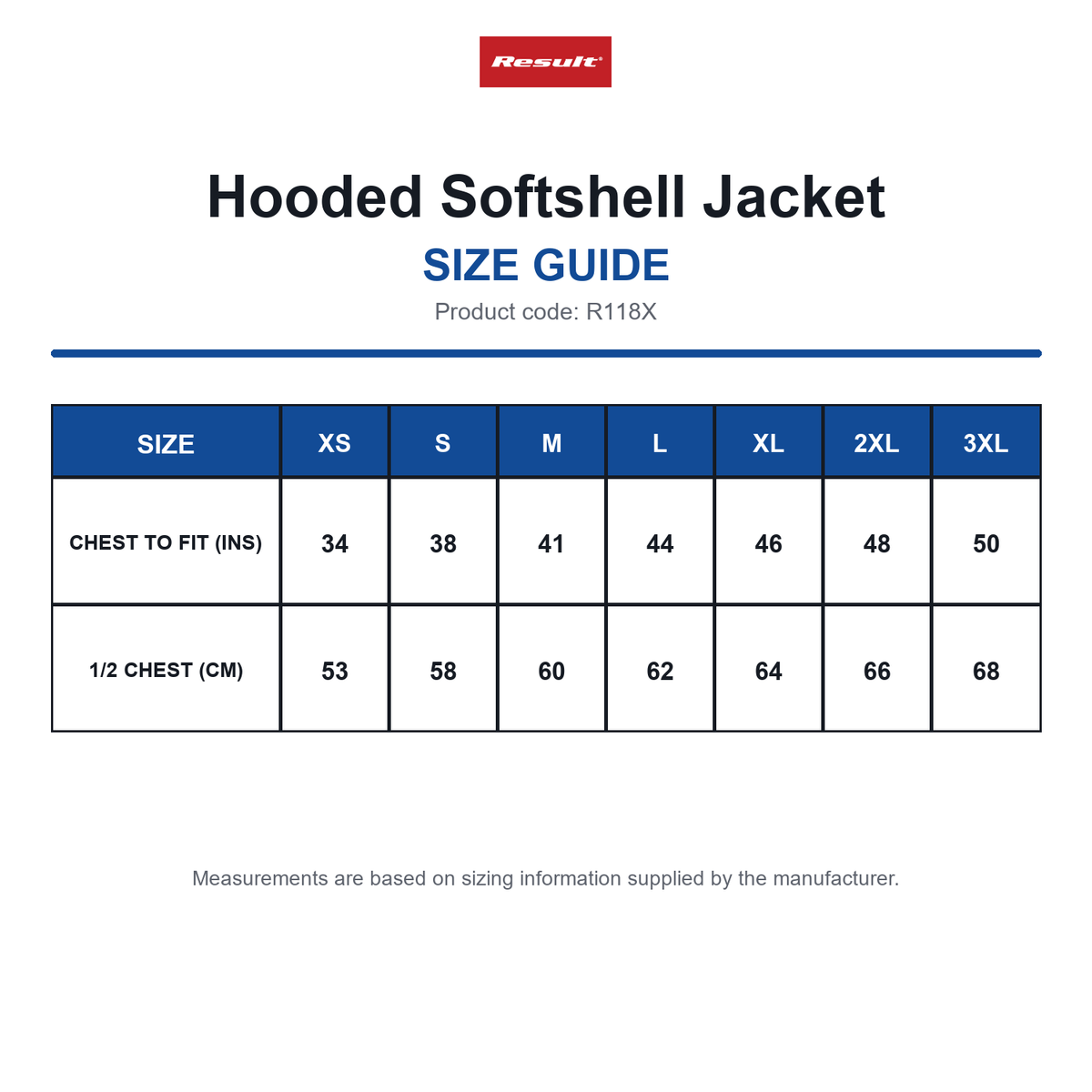 R118X Result Hooded Softshell Jacket size guide (R118X)