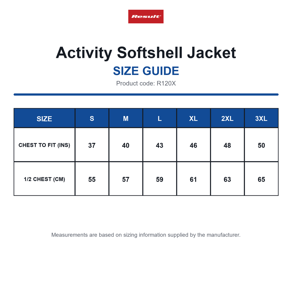 R120X Result Activity Softshell Jacket size guide (R120X)