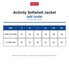 R120X Result Activity Softshell Jacket size guide (R120X)