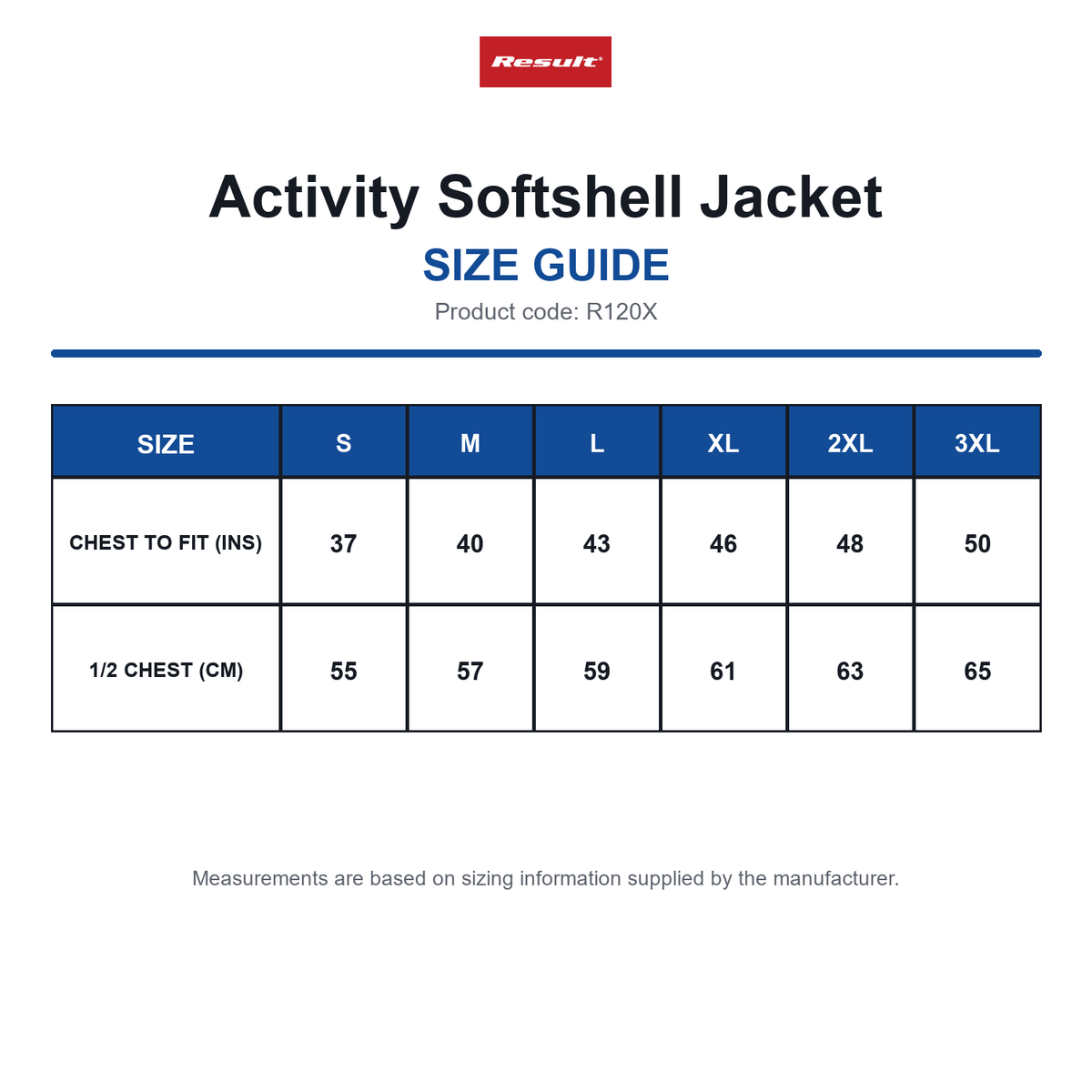 R120X Result Activity Softshell Jacket size guide (R120X)