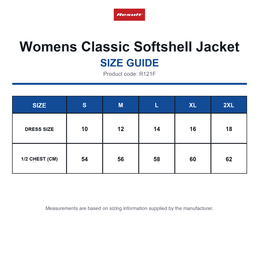 R121F Result Womens Classic Softshell Jacket size guide (R121F)