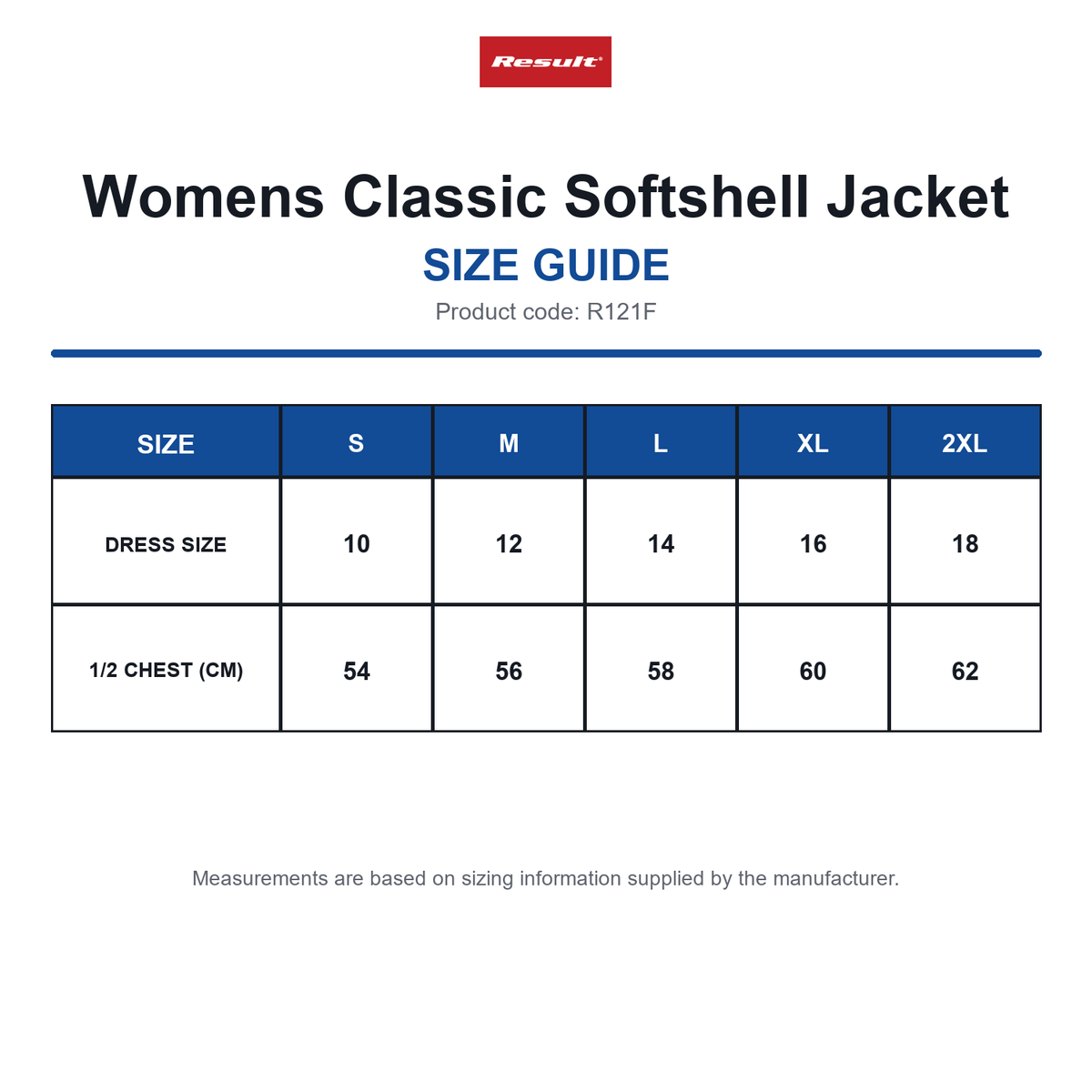 R121F Result Womens Classic Softshell Jacket size guide (R121F)