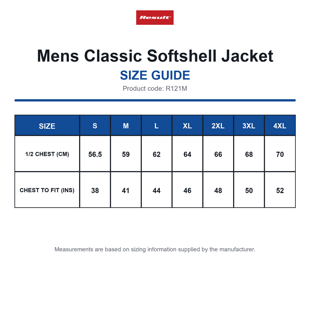 R121M Result Mens Classic Softshell Jacket size guide (R121M)