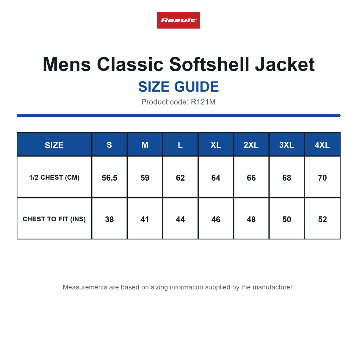 R121M Result Mens Classic Softshell Jacket size guide (R121M)