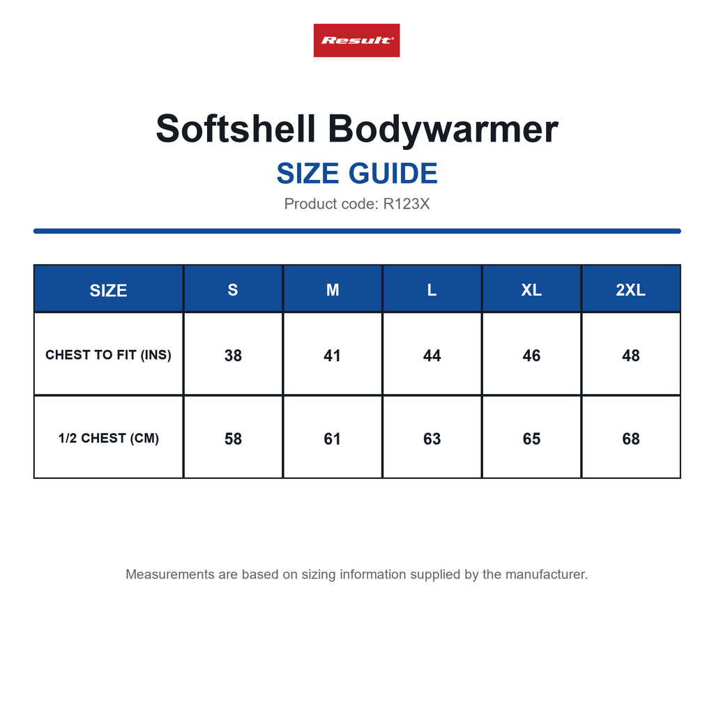 R123X Result Softshell Bodywarmer size guide (R123X)