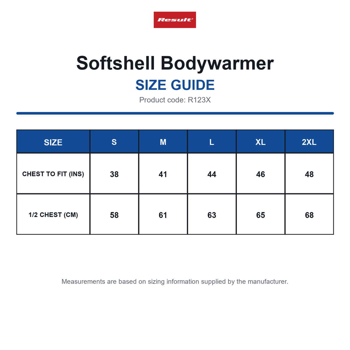 R123X Result Softshell Bodywarmer size guide (R123X)