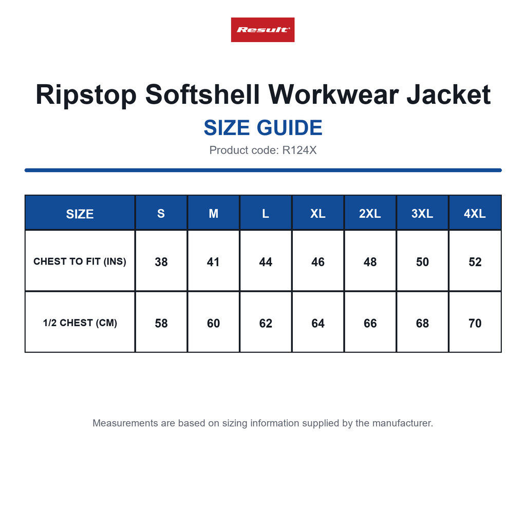 R124X Result Ripstop Softshell Workwear Jacket size guide (R124X)