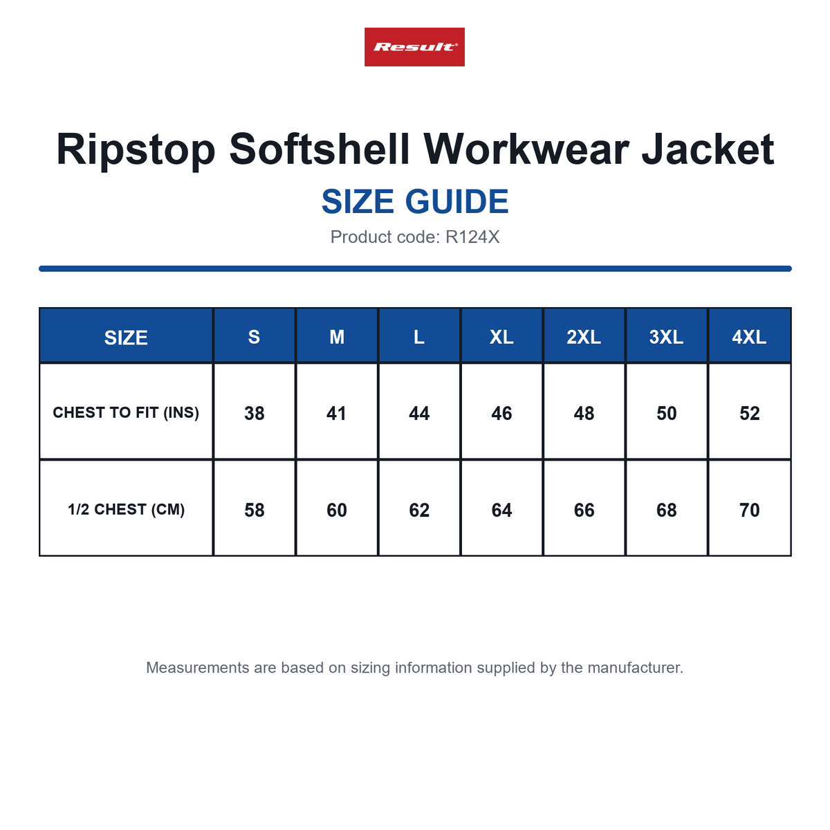 R124X Result Ripstop Softshell Workwear Jacket size guide (R124X)