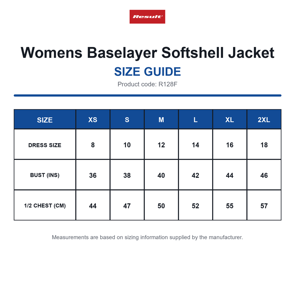 R128F Result Womens Baselayer Softshell Jacket size guide (R128F)