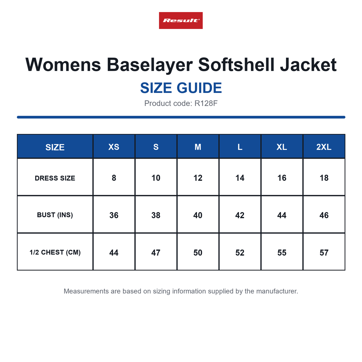 R128F Result Womens Baselayer Softshell Jacket size guide (R128F)