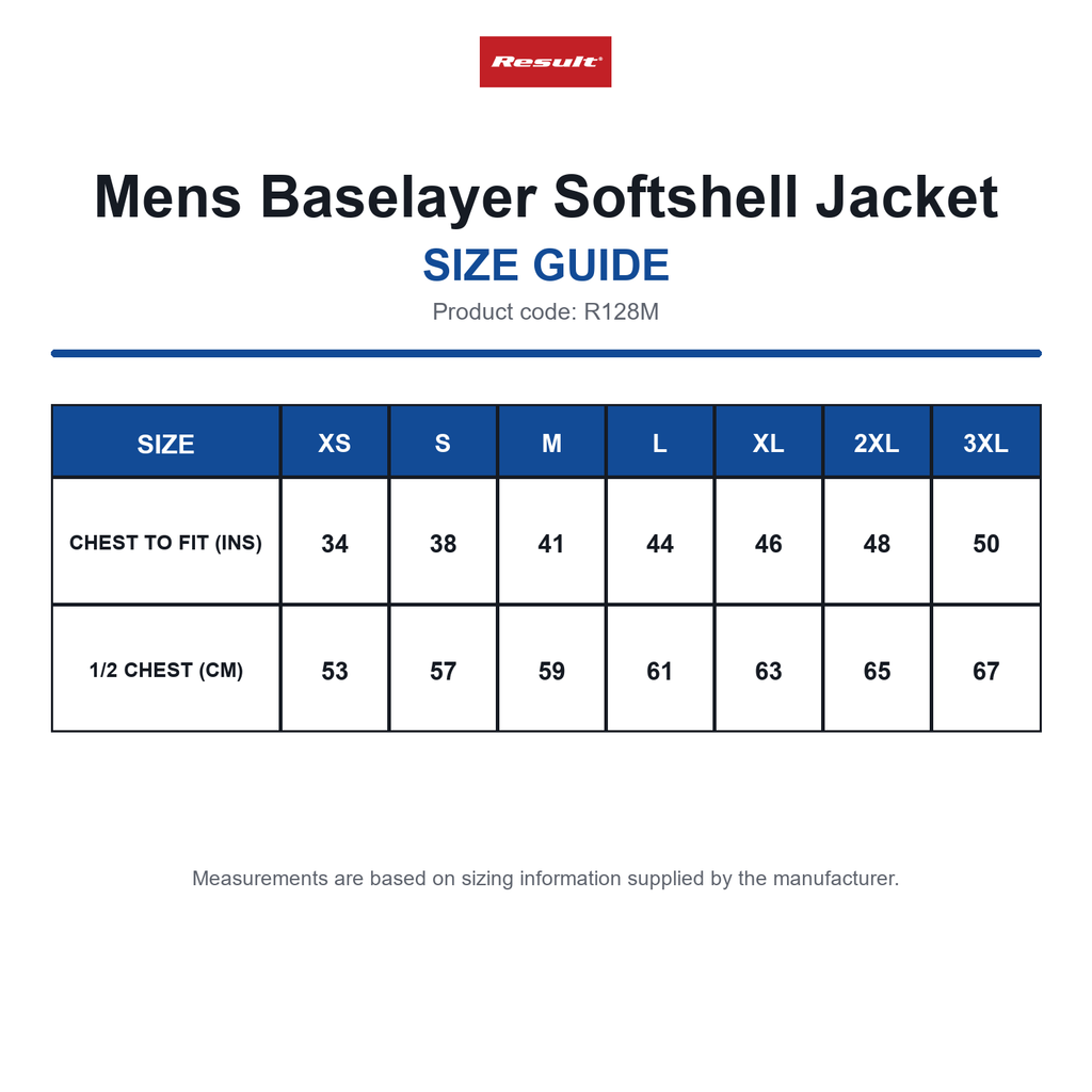 R128M Result Mens Baselayer Softshell Jacket size guide (R128M)
