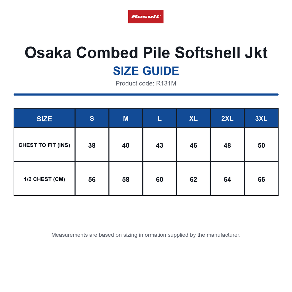 R131M Result Osaka Combed Pile Softshell Jkt size guide (R131M)
