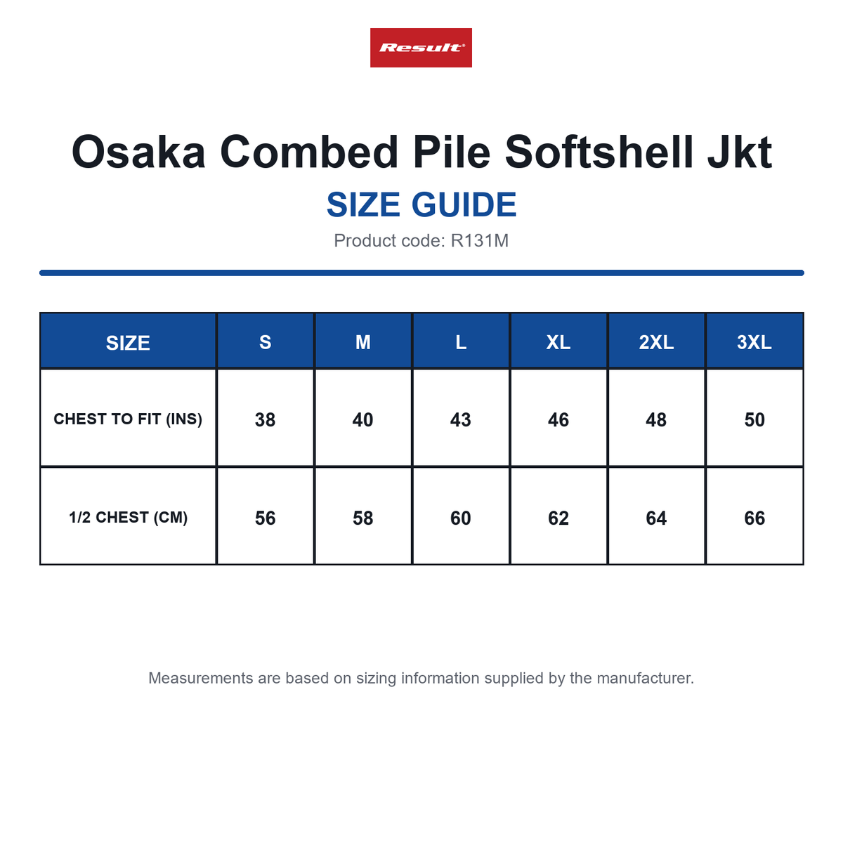 R131M Result Osaka Combed Pile Softshell Jkt size guide (R131M)