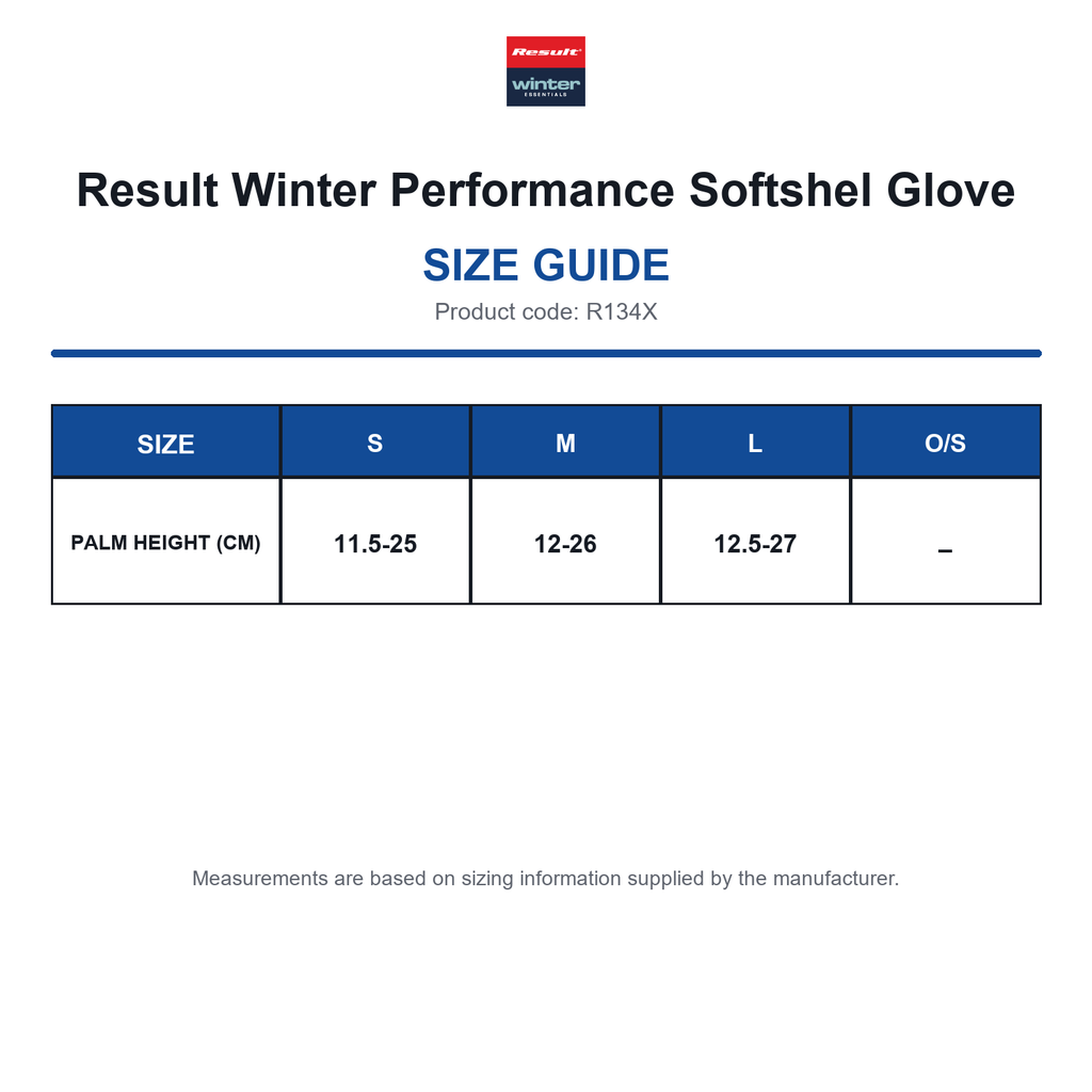 R134X Result Winter Performance Softshel Glove size guide (R134X)