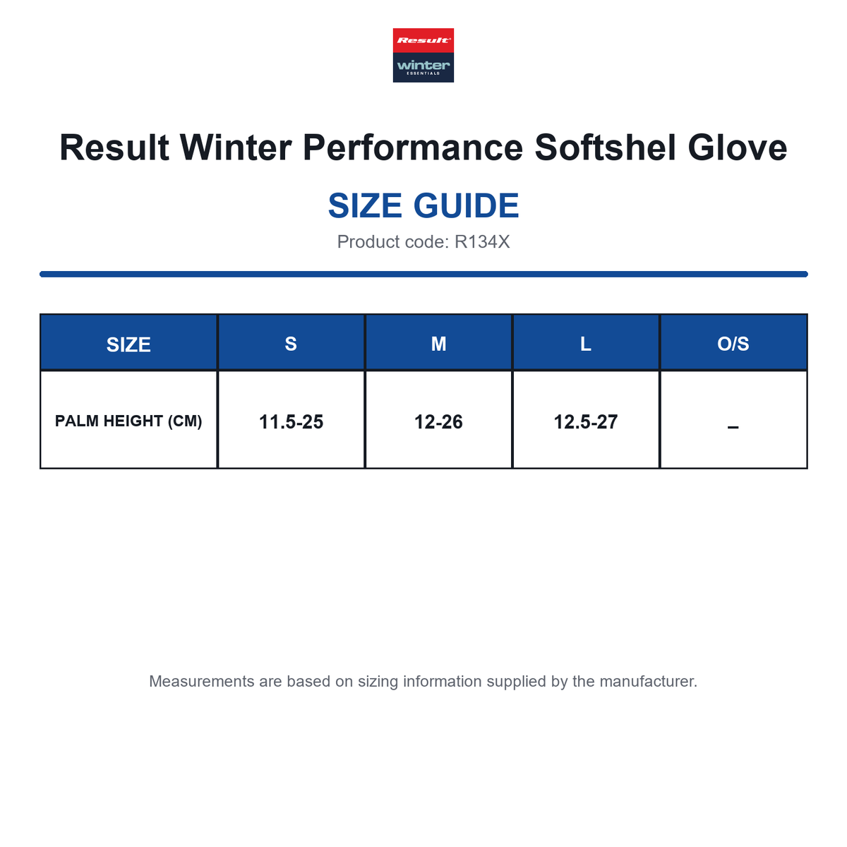 R134X Result Winter Performance Softshel Glove size guide (R134X)