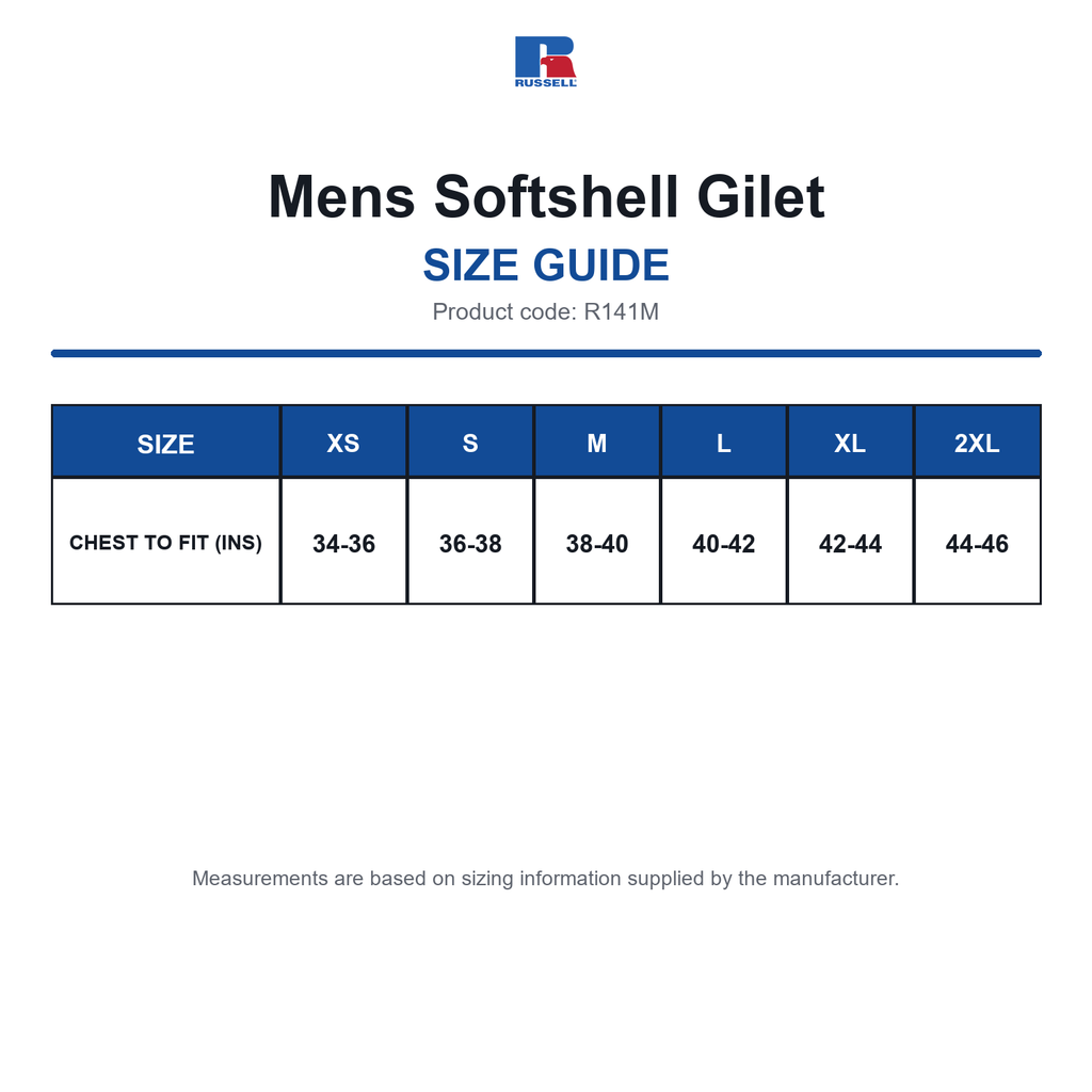 R141M Russell Mens Softshell Gilet size guide (R141M)