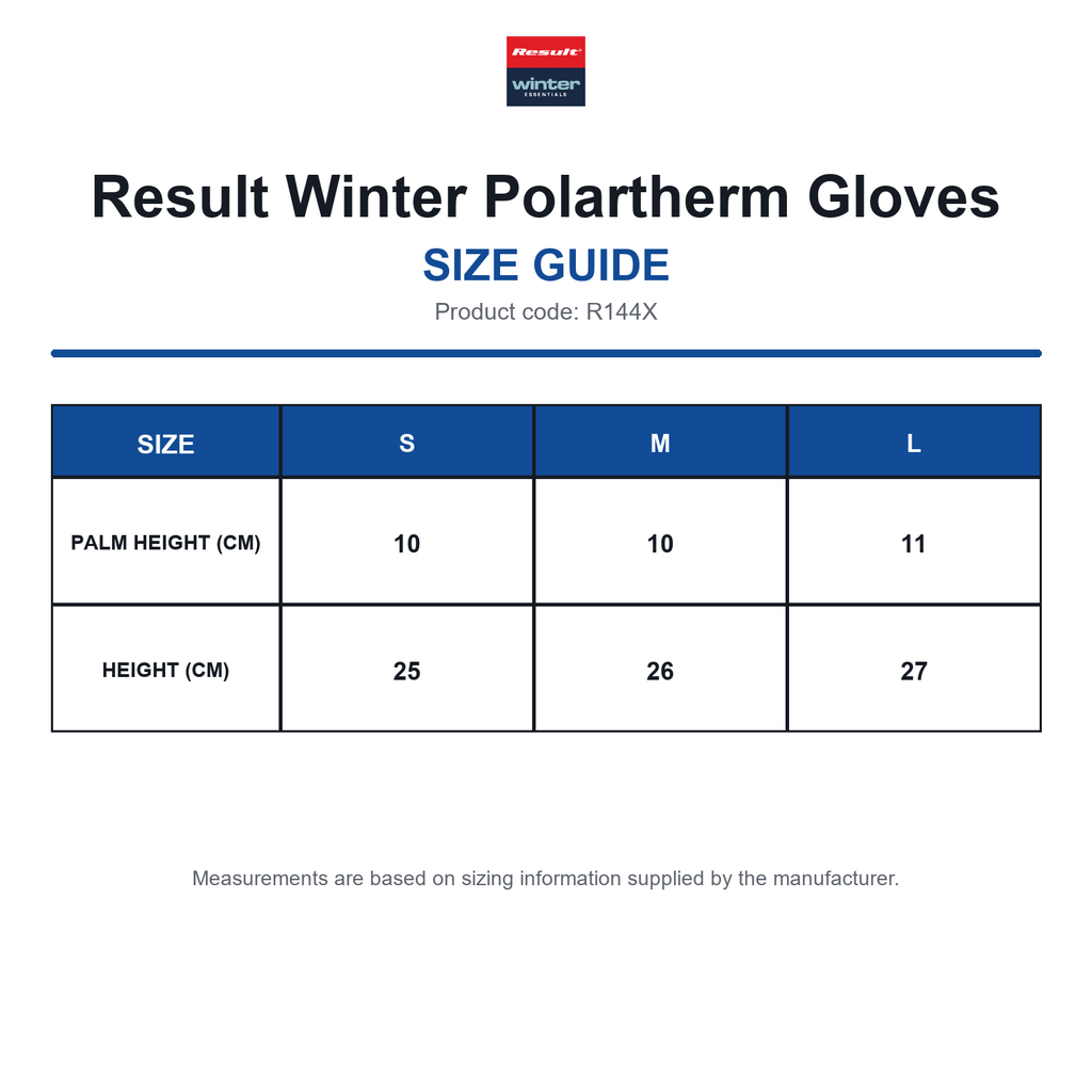 R144X Result Winter Polartherm Gloves size guide (R144X)