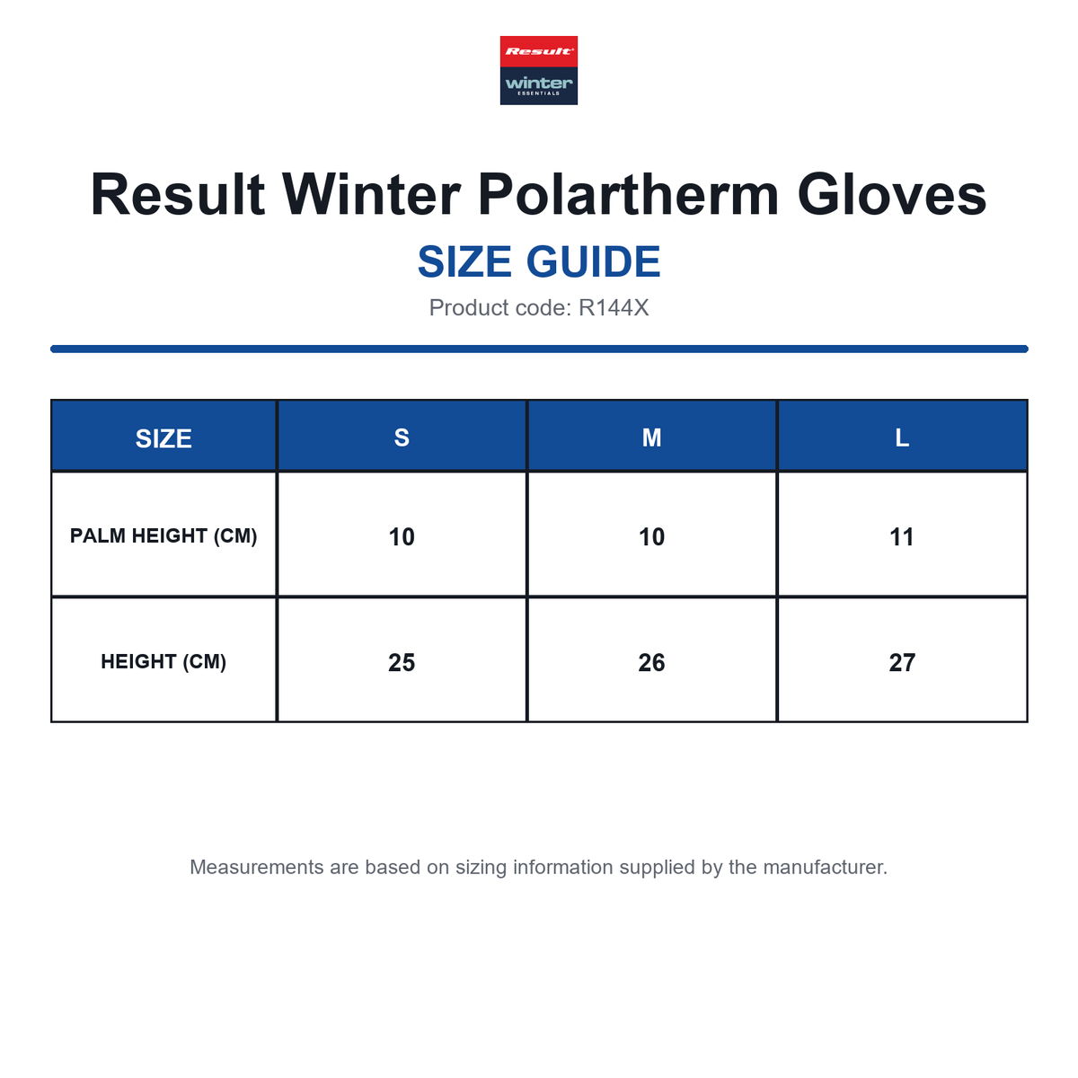 R144X Result Winter Polartherm Gloves size guide (R144X)