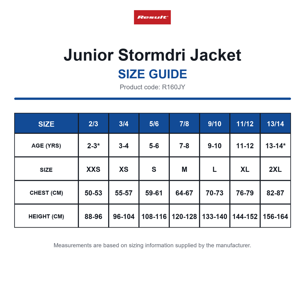 R160JY Result Junior Stormdri Jacket size guide (R160JY)