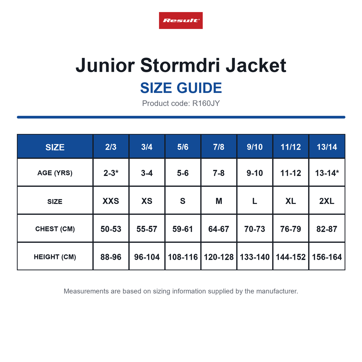 R160JY Result Junior Stormdri Jacket size guide (R160JY)