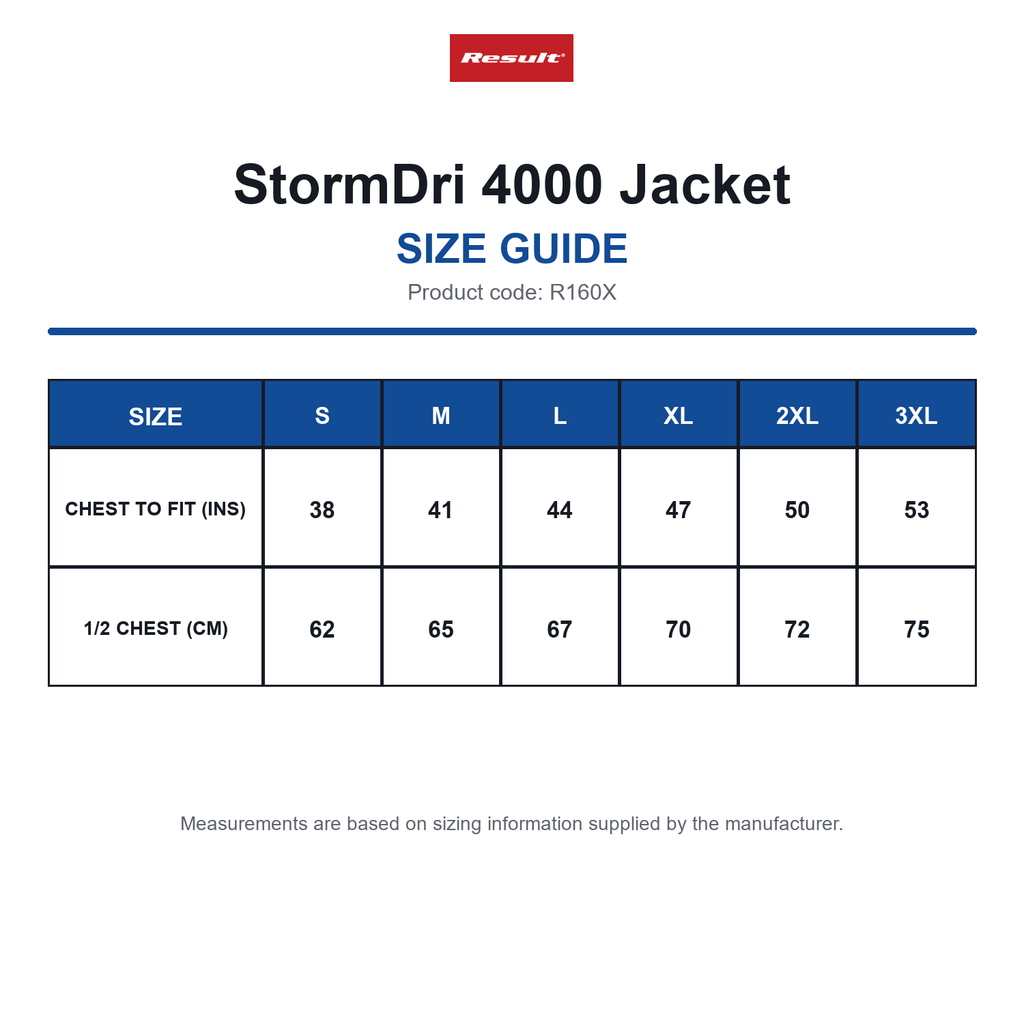 R160X Result StormDri 4000 Jacket size guide (R160X)