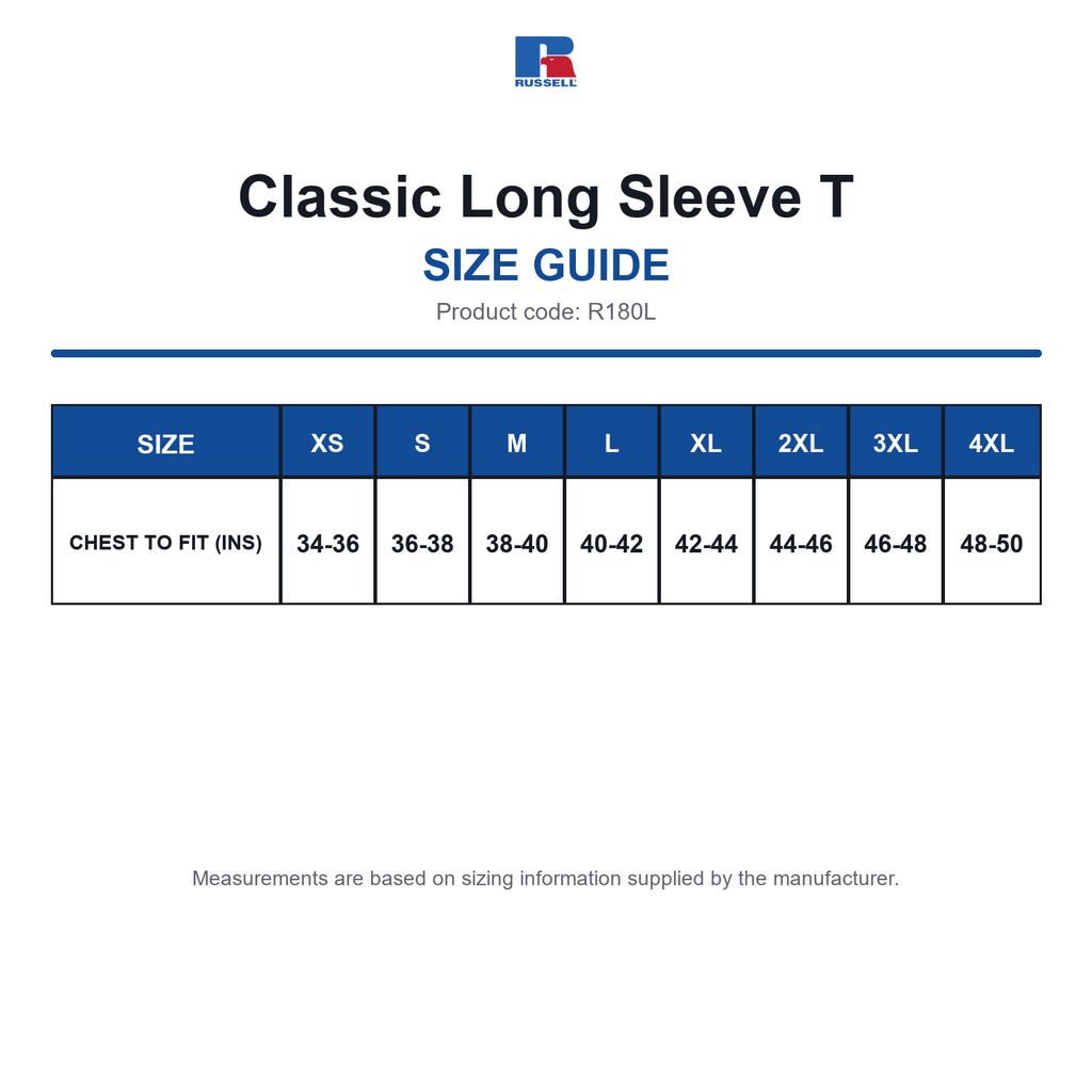 R180L Russell Classic Long Sleeve T size guide (R180L)