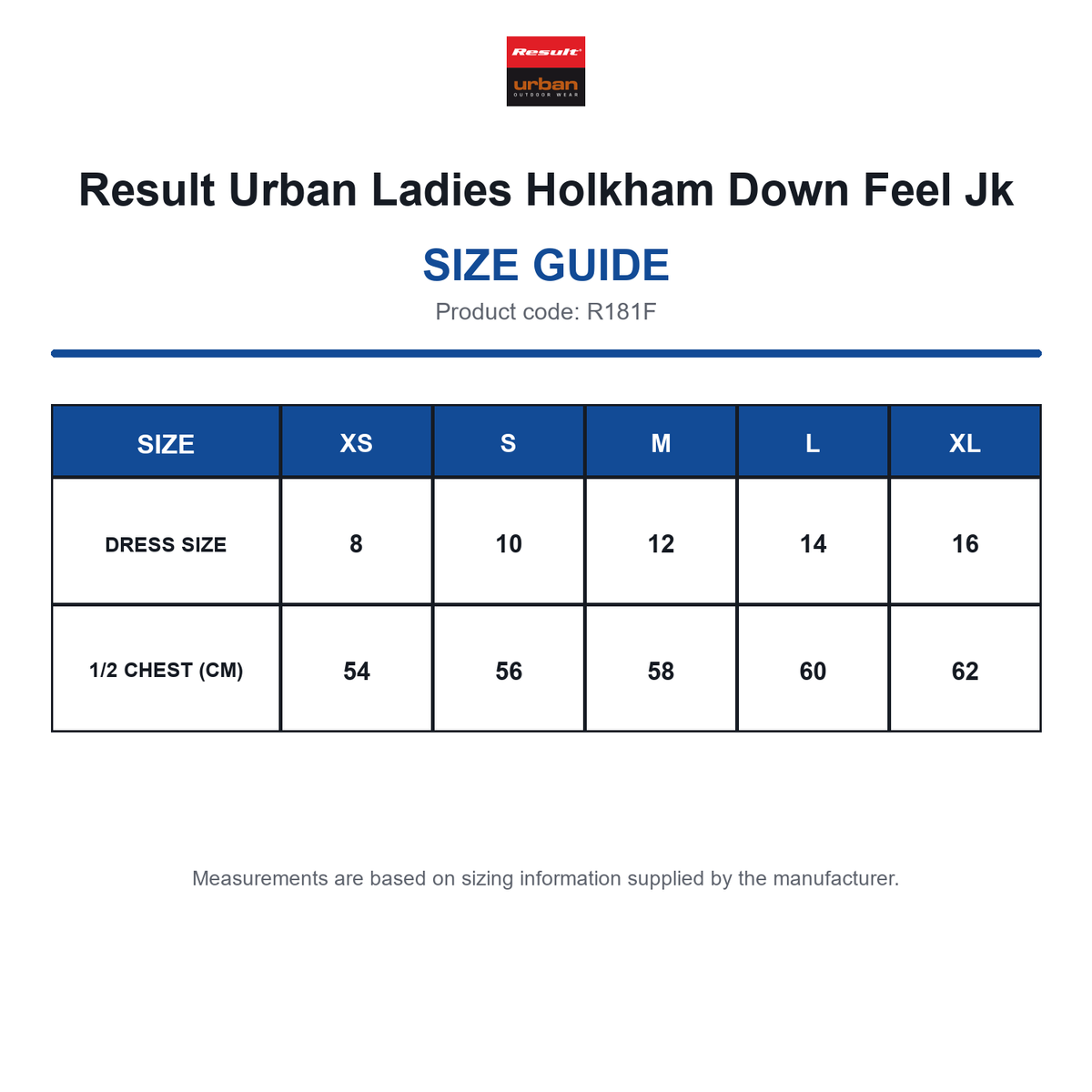 R181F Result Urban Ladies Holkham Down Feel Jk size guide (R181F)