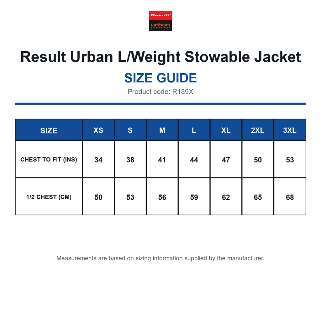 R189X Result Urban L/Weight Stowable Jacket size guide (R189X)