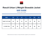 R189X Result Urban L/Weight Stowable Jacket size guide (R189X)