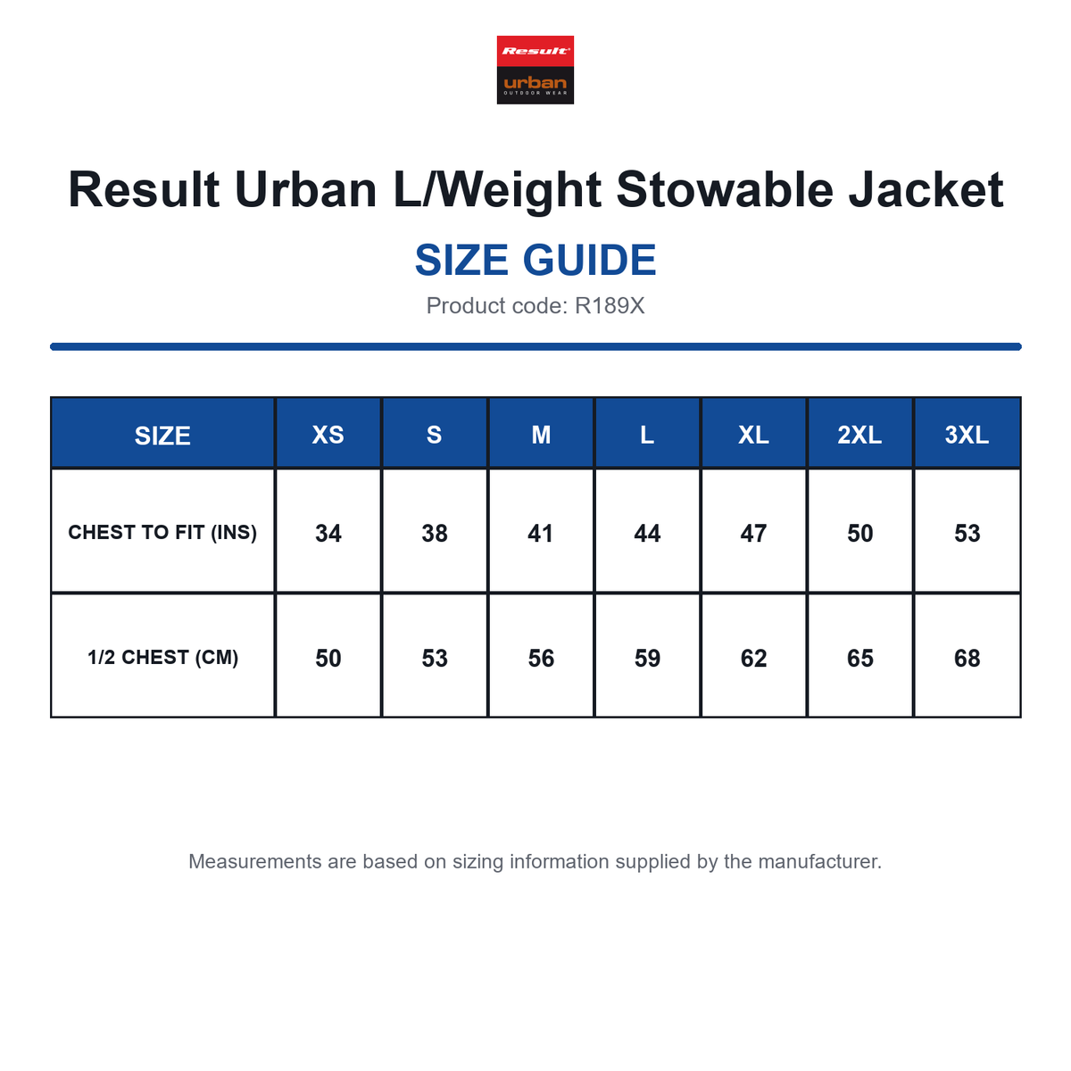 R189X Result Urban L/Weight Stowable Jacket size guide (R189X)