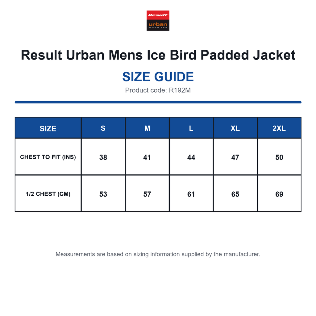 R192M Result Urban Mens Ice Bird Padded Jacket size guide (R192M)