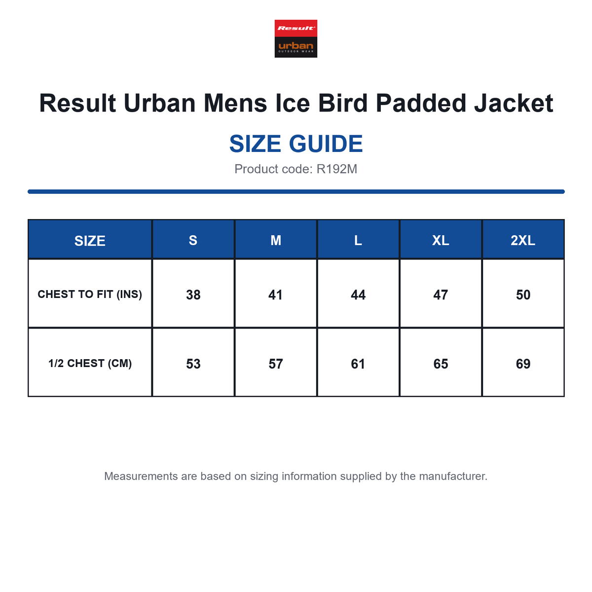 R192M Result Urban Mens Ice Bird Padded Jacket size guide (R192M)
