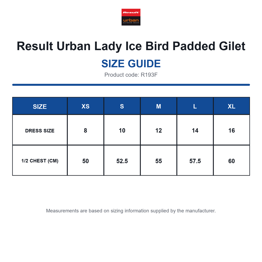 R193F Result Urban Lady Ice Bird Padded Gilet size guide (R193F)