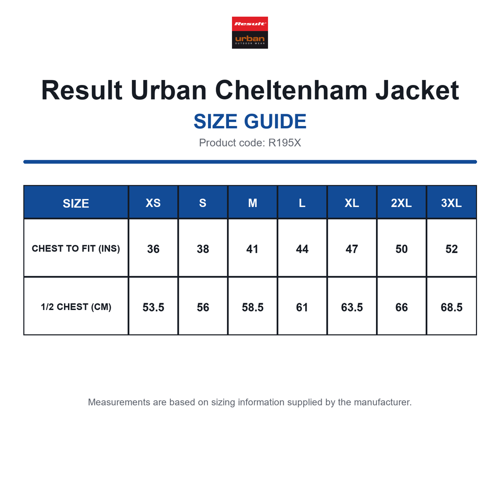 R195X Result Urban Cheltenham Jacket size guide (R195X)